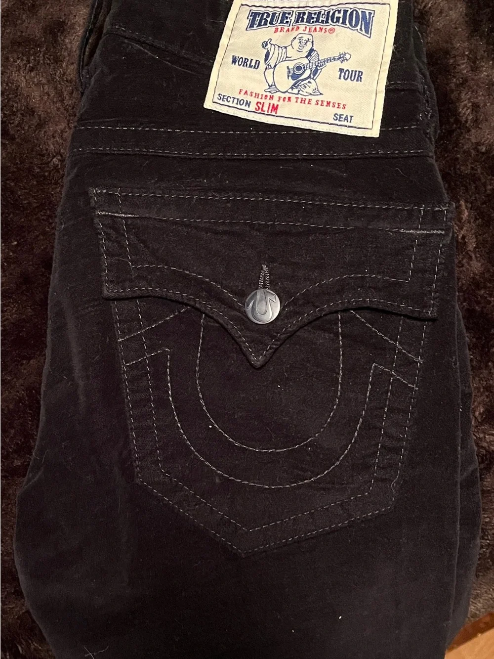 True Religion Men Slim Jeans in Black with Signature Flap Pocket